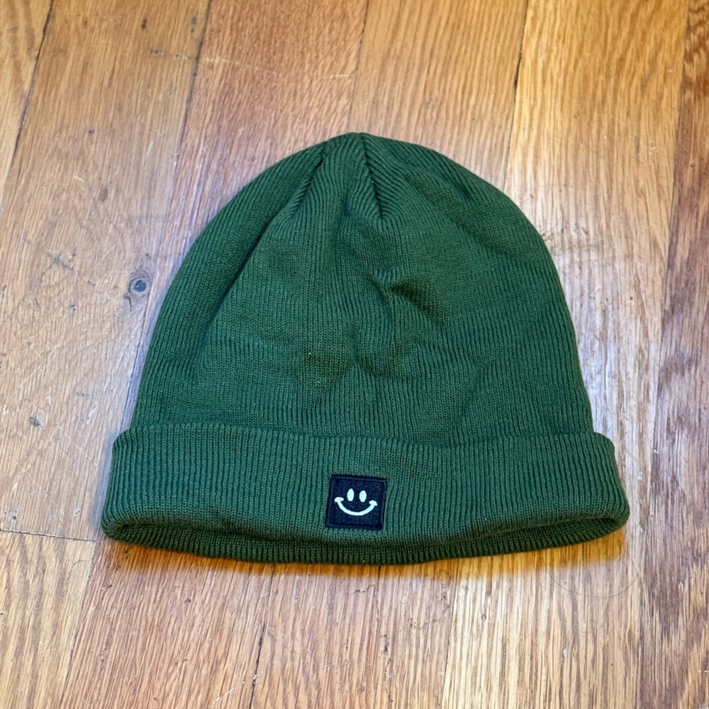 Forest Green Knit Fold-Out Beanie with Smiley Patch